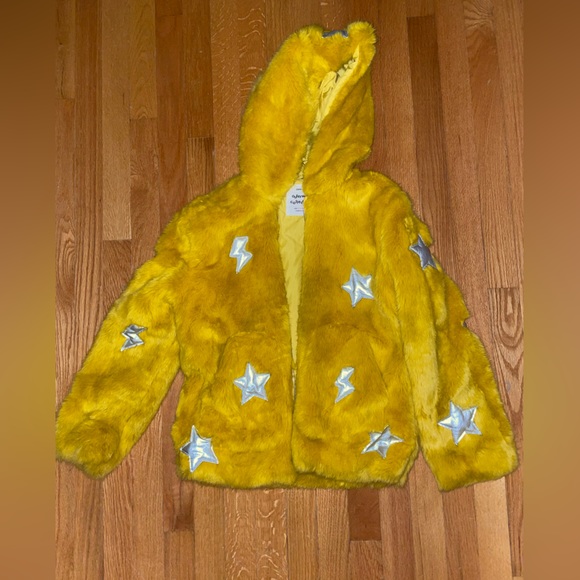 Zara Jackets & Blazers - Yellow Fur Jacket with star/lightning bolt detailing